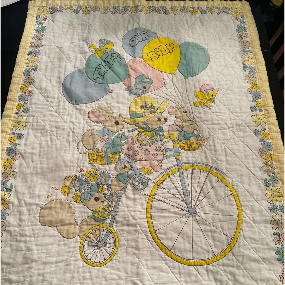Vintage Thats Our Baby Crib Blanket Quilt Bicycle Balloons Bunny Squirrel